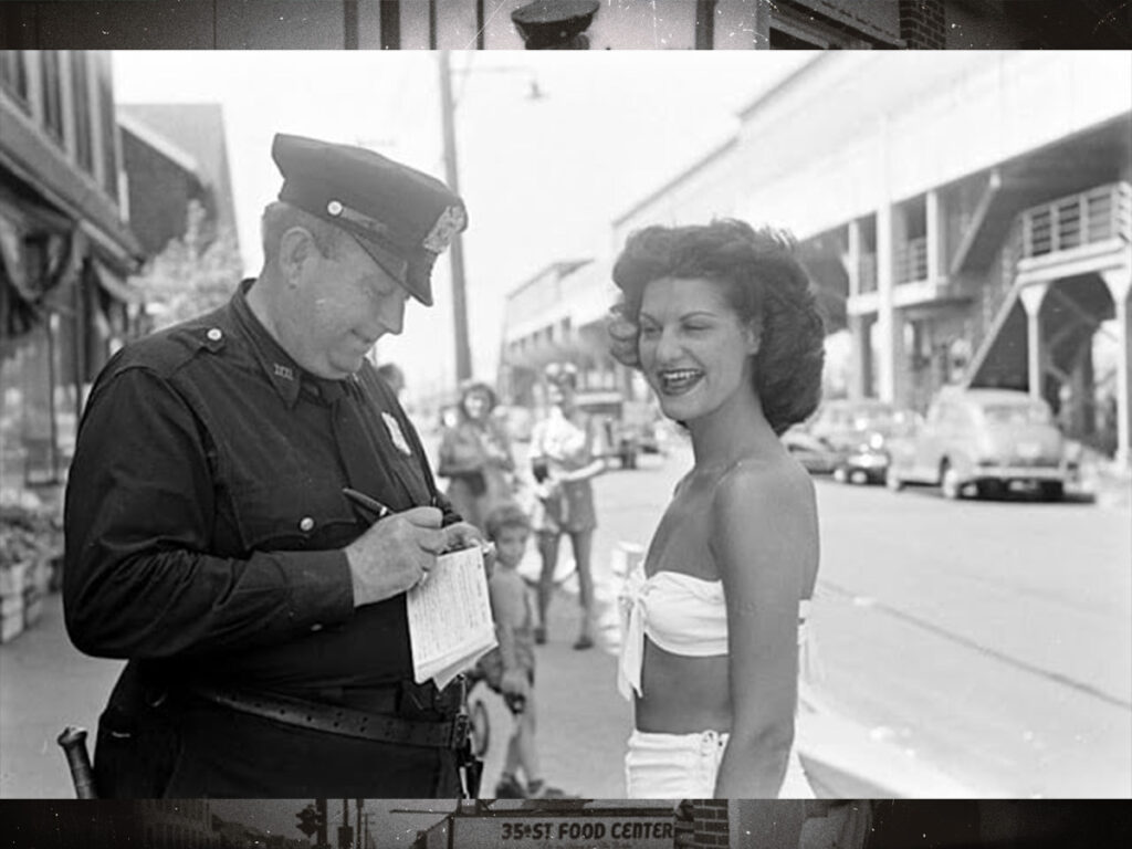 Photographs of people being ticketed for ‘indecent exposure’ at Rockaway Beach, New York in 1946