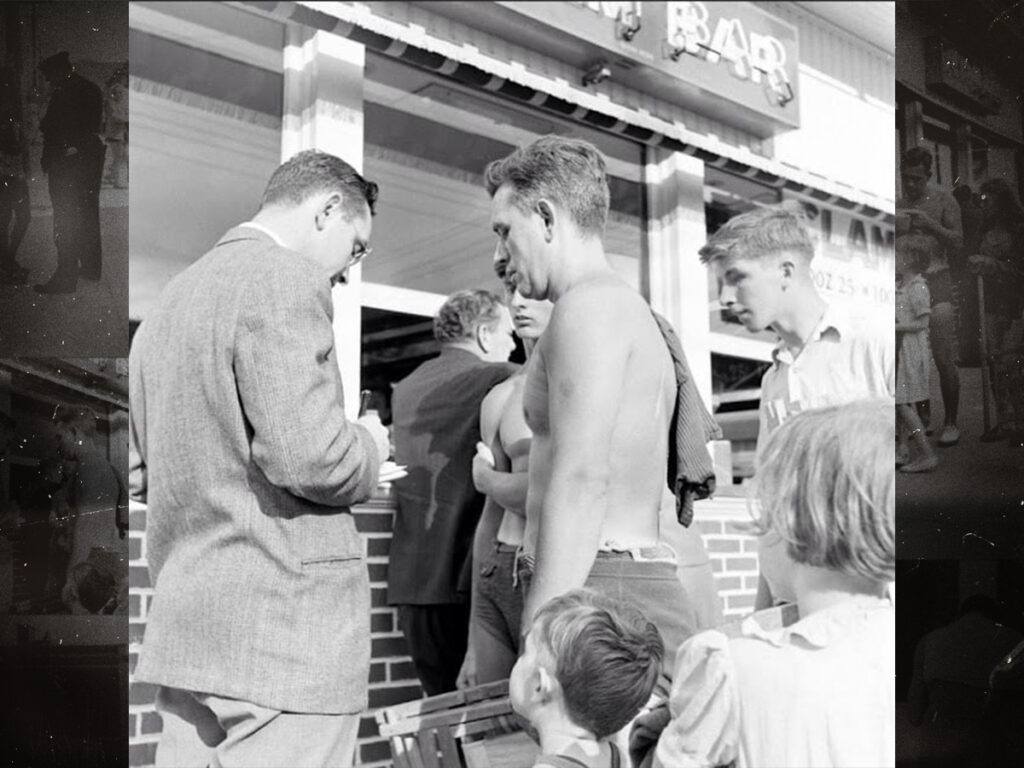 Photographs of people being ticketed for ‘indecent exposure’ at Rockaway Beach, New York in 1946
