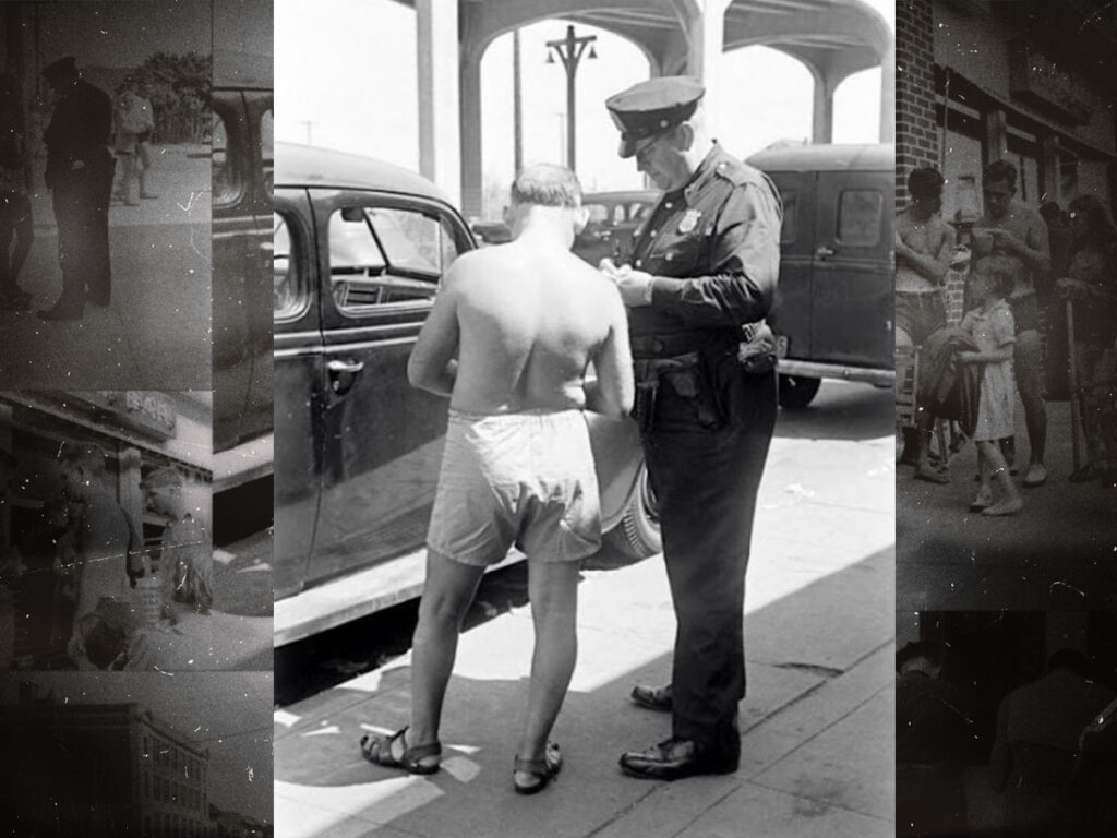 Photographs of people being ticketed for ‘indecent exposure’ at Rockaway Beach, New York in 1946