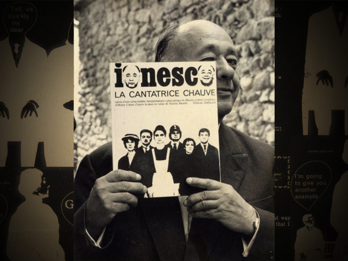 Eugène Ionesco with a copy of Massin’s innovative graphic take on his play