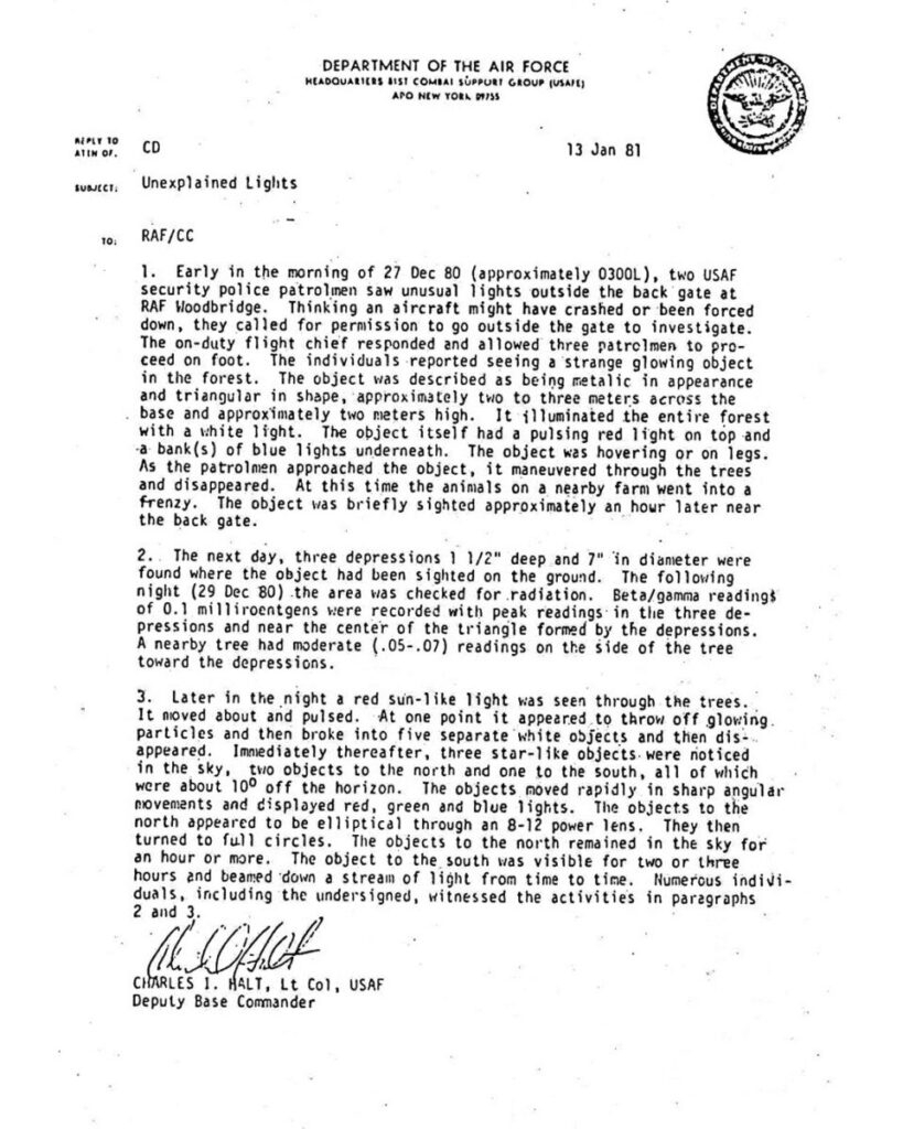 Letter from Lieutenant Colonel Charles Halt to the UK Ministry of Defence.