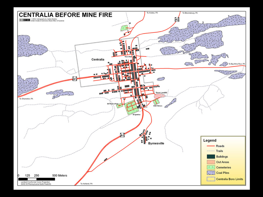 Map of Centralia area showing conditions before mine fire