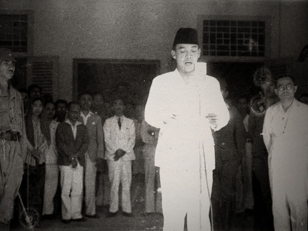 Sukarno declaring the independence of Indonesia, August 1945.
