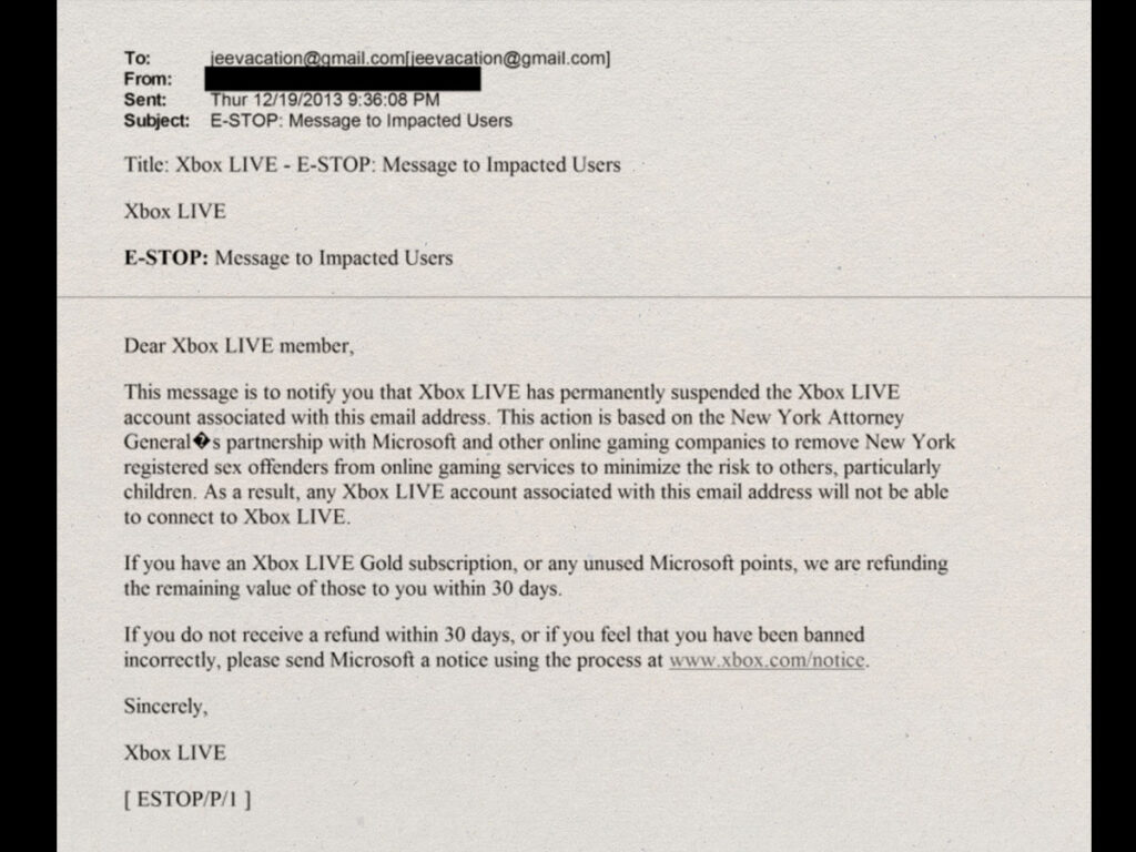 Email banning Jeffery Epstein from XBOX Live.