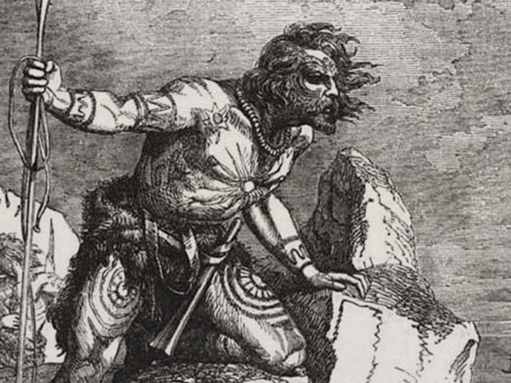 A black and white drawing of a Pictish warrior - 9AD.