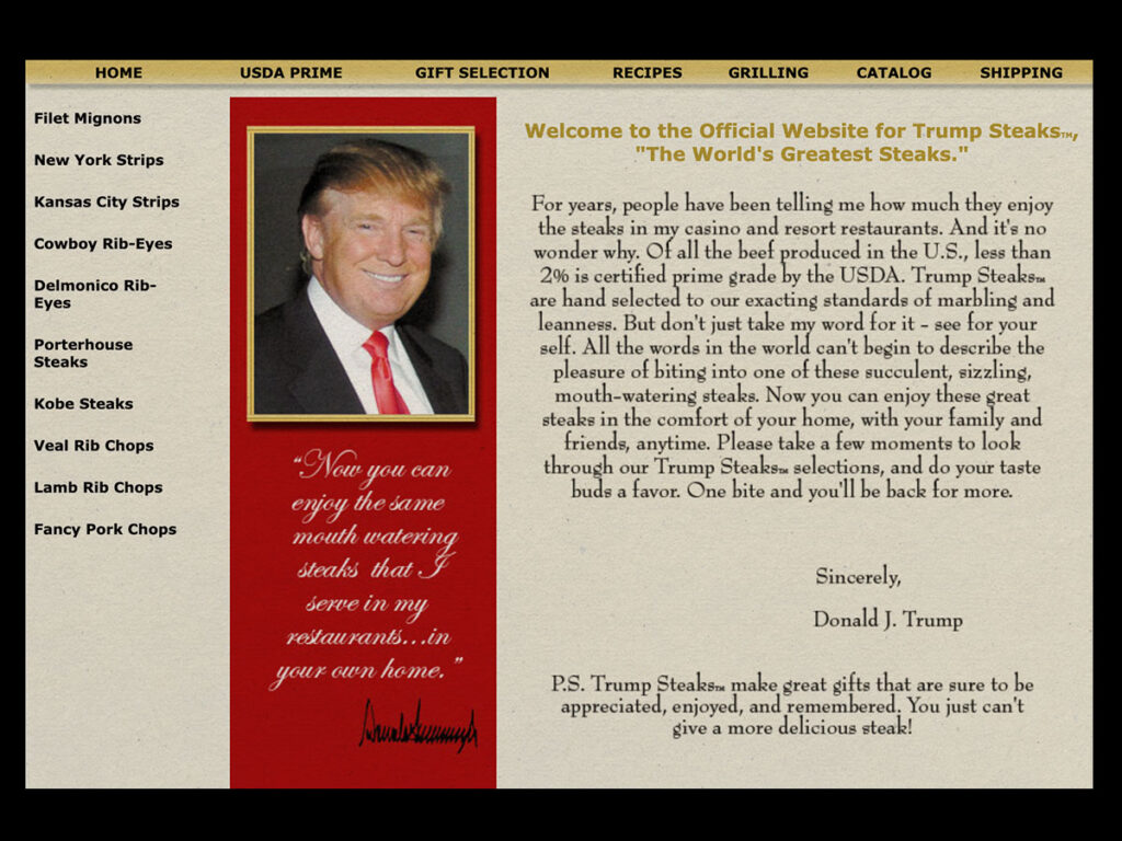 Homepage from the Trump Steaks website - 2006.