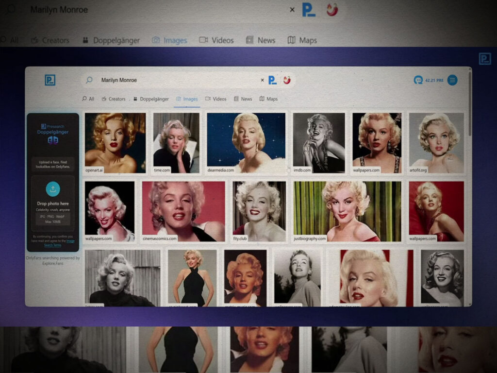 Screenshot showing an AI image search of Marilyn Monroe.