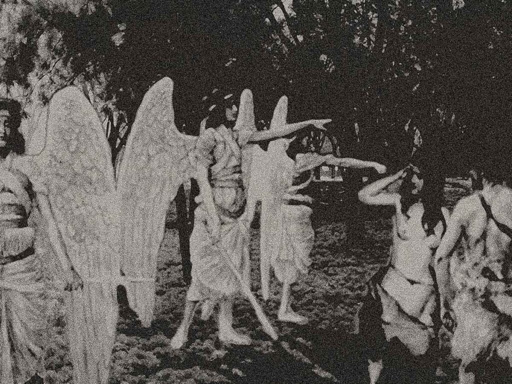 Classic scene of angels expelling Adam and Eve from the Garden of Eden.