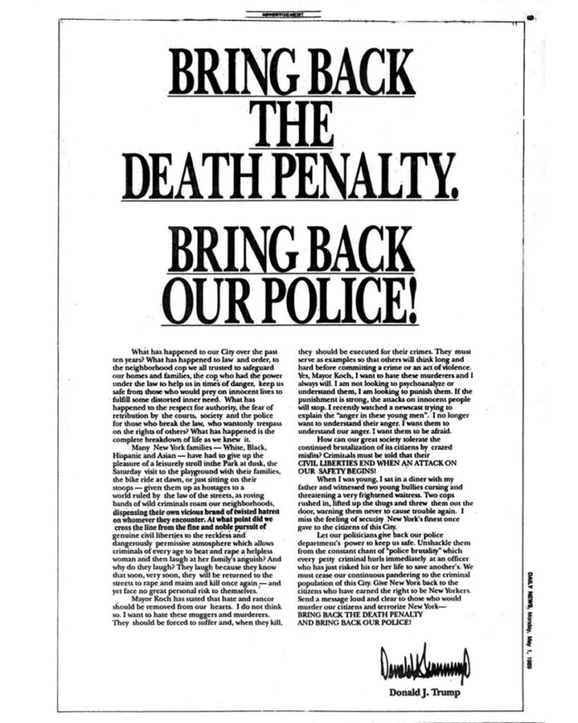 Donald Trump’s advert in the New York Daily News.