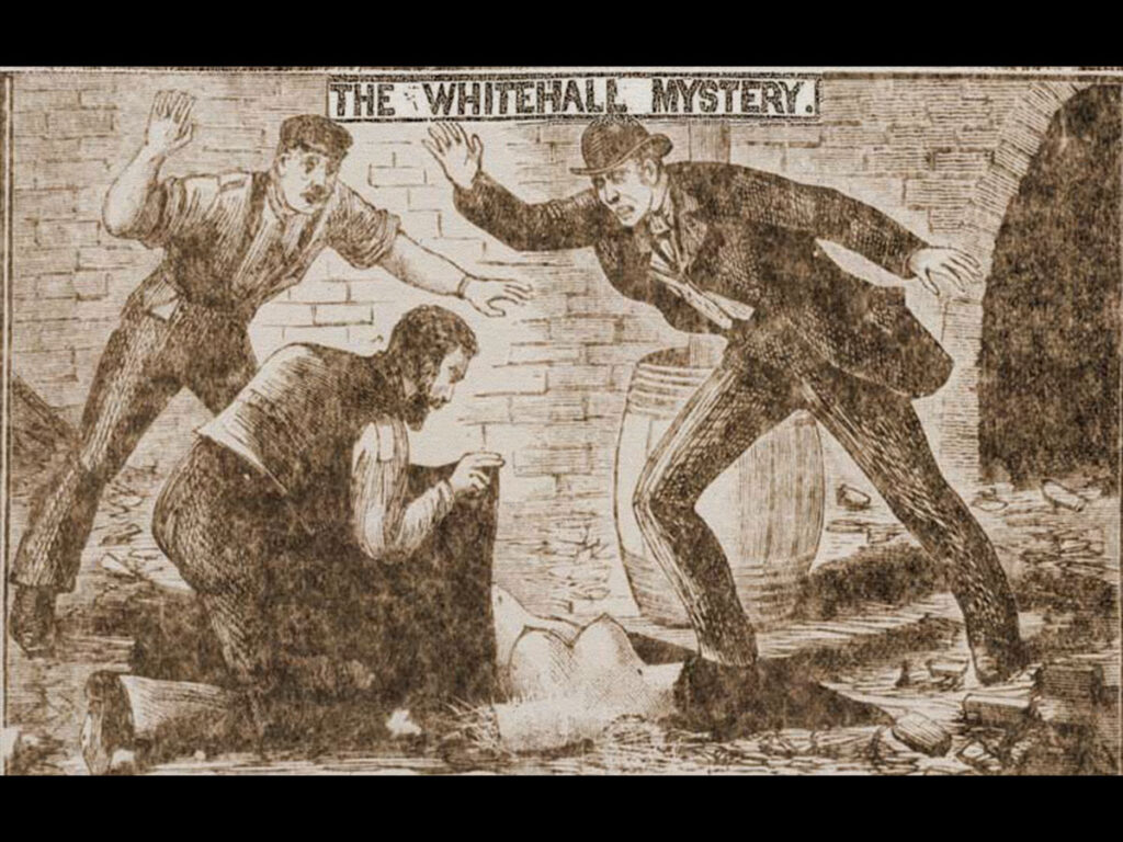 An illustration of the discovery of a female torso in "The Whitehall Mystery" - 1888.