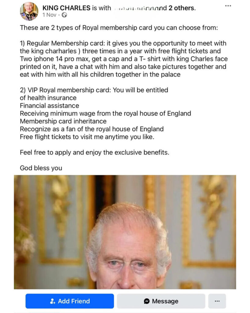 A screenshot of the Royal Membership Facebook scam.